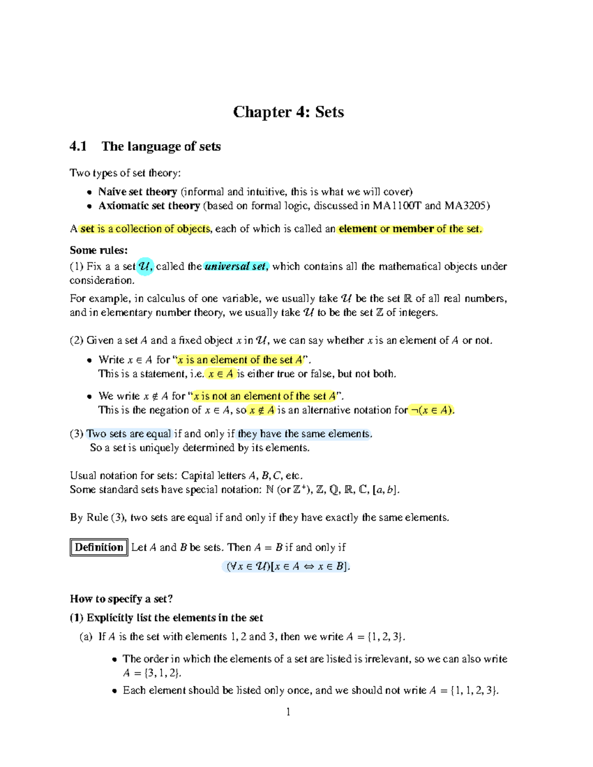 Chapter 4: Sets in MA1100 - Understanding Set Theory Concepts - Studocu