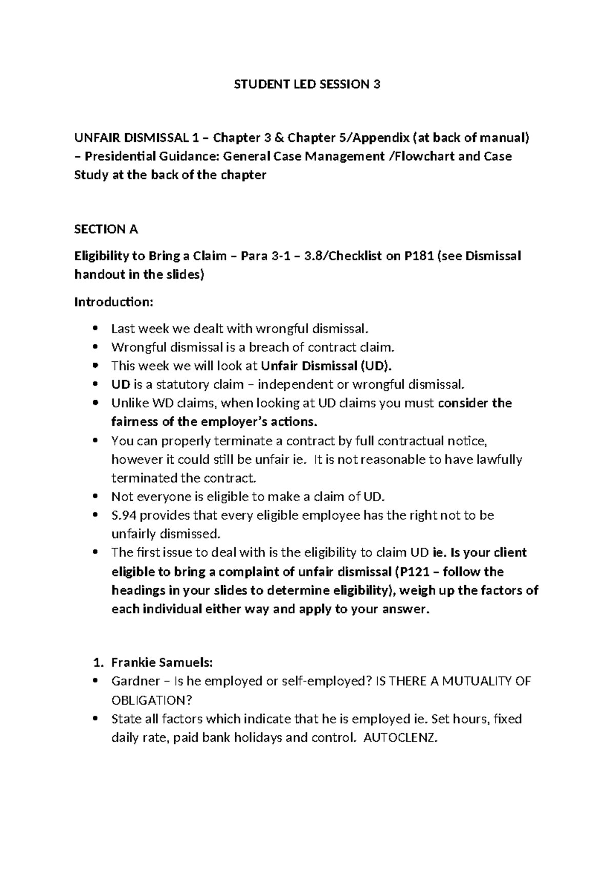 STUDENT LED SESSION 3: UNFAIR DISMISSAL CASE STUDY ANALYSIS - Studocu