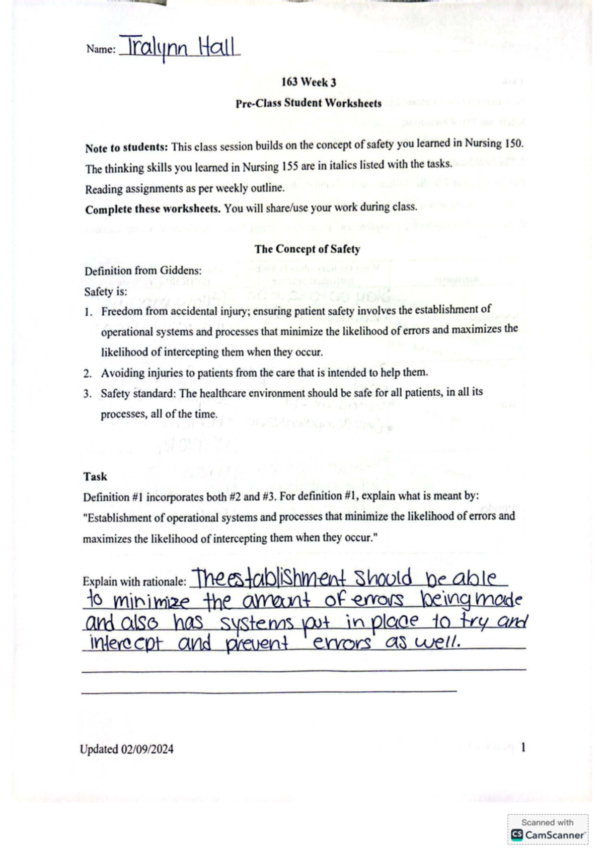 NUR 163 Week 3 Worksheets: Safety Concepts & Patient Care Strategies ...