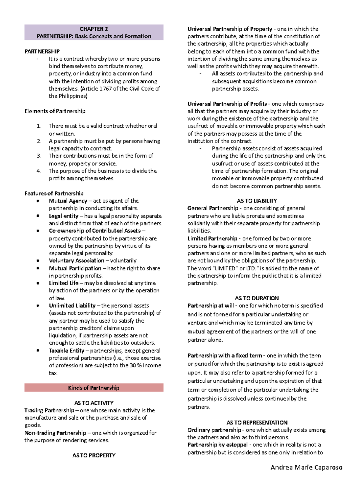 Chapter 2: Partnership Concepts & Formation Overview - Studocu