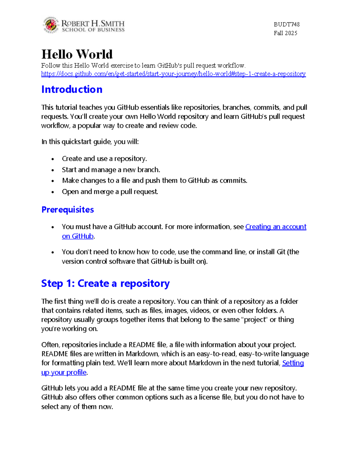 BUDT748 Fall 2025 GitHub Hello World Tutorial: Pull Request Workflow ...