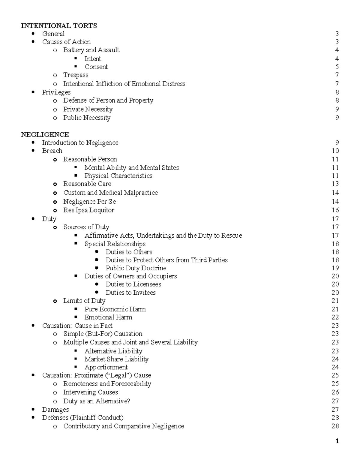 Torts - Outline: Key Concepts in Intentional Torts and Negligence - Studocu