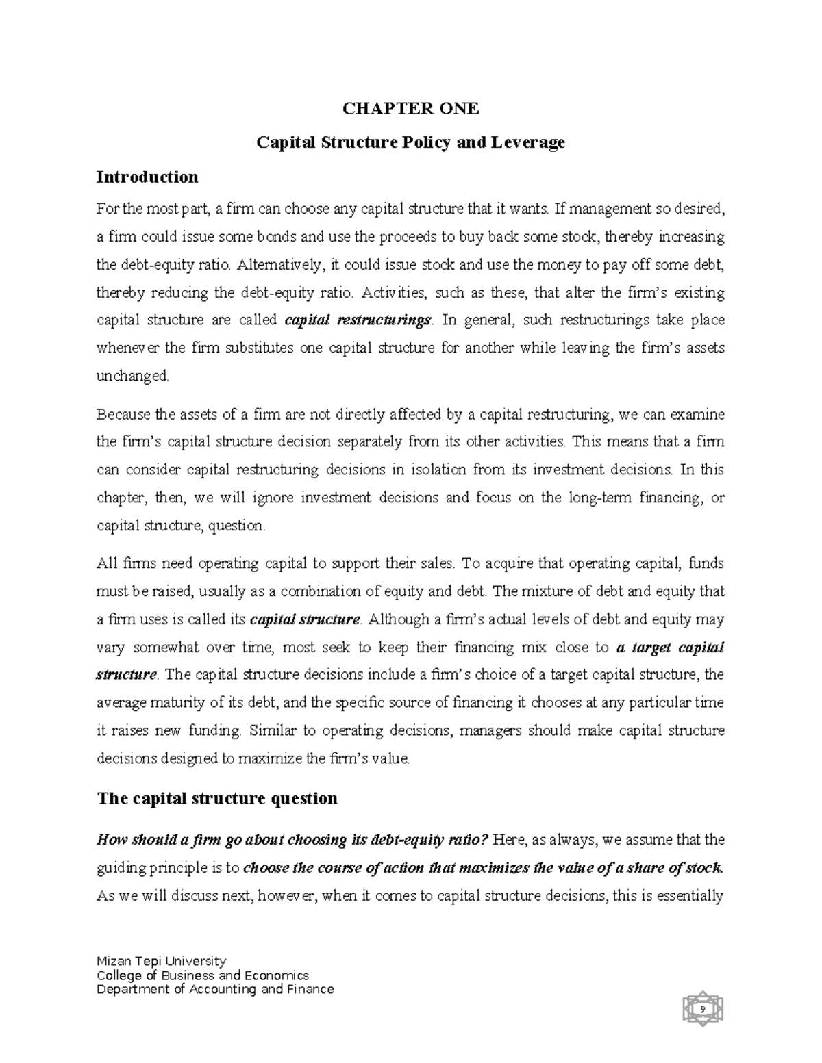 CHAPTER ONE: Capital Structure Policy and Leverage - AcFn 2023 - Studocu