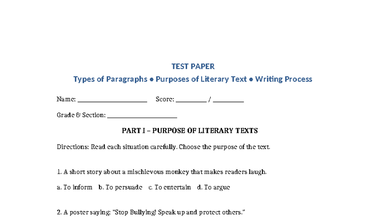 ENG101 Final Exam: Types of Paragraphs & Writing Process Test - Studocu