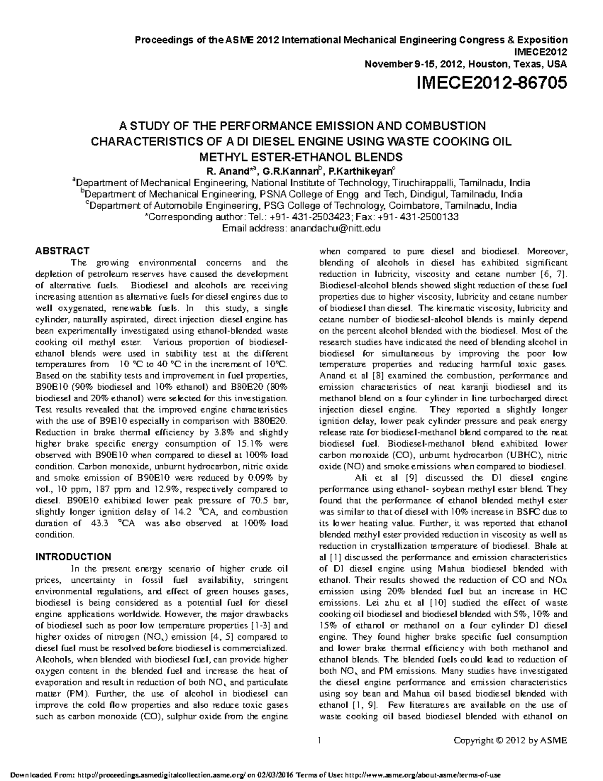 A Study OF THE Performance Emission AND Combustion - 1 Copyright © 2012 ...