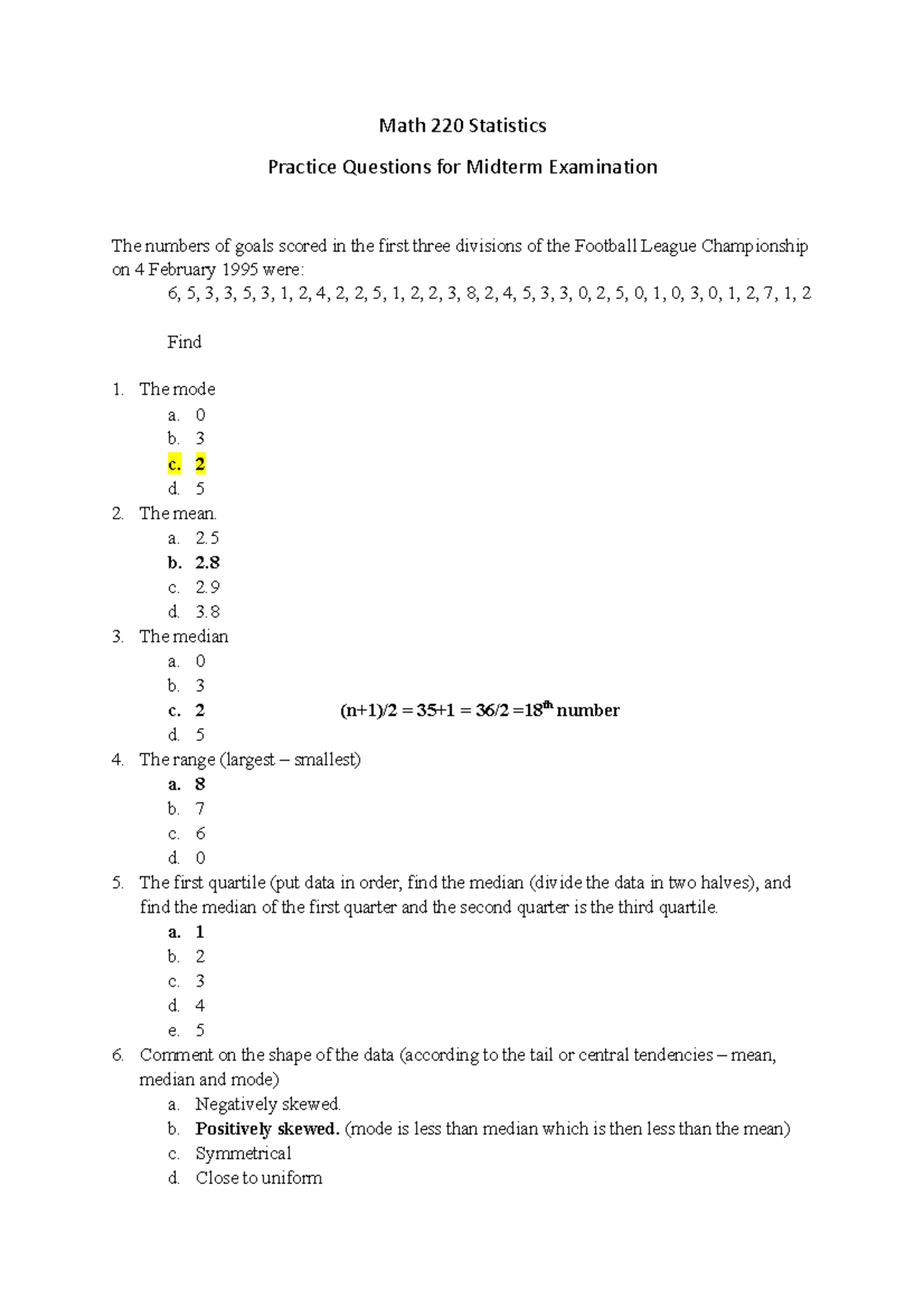 Math 220 Statistics Fall 2023 Mock Midterm Practice Questions - Studocu