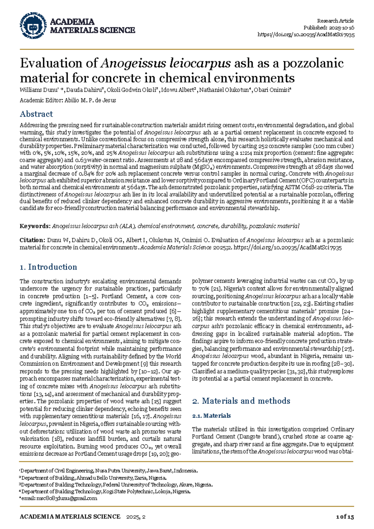 Evaluation of Anogeissus leiocarpus Ash as Pozzolanic Material for ...