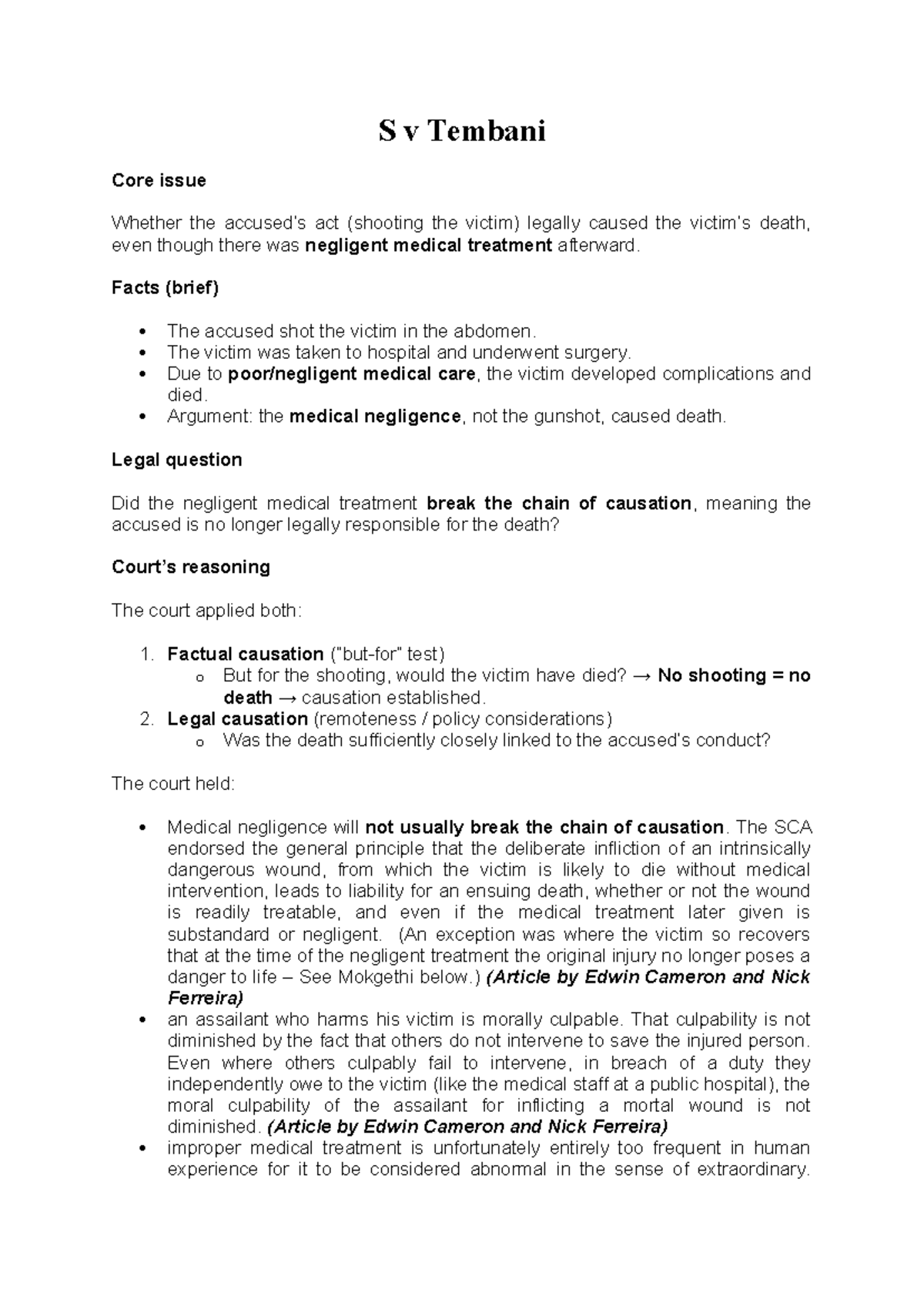 S v Tembani & Mokgethi: Legal Causation and Medical Negligence - Studocu