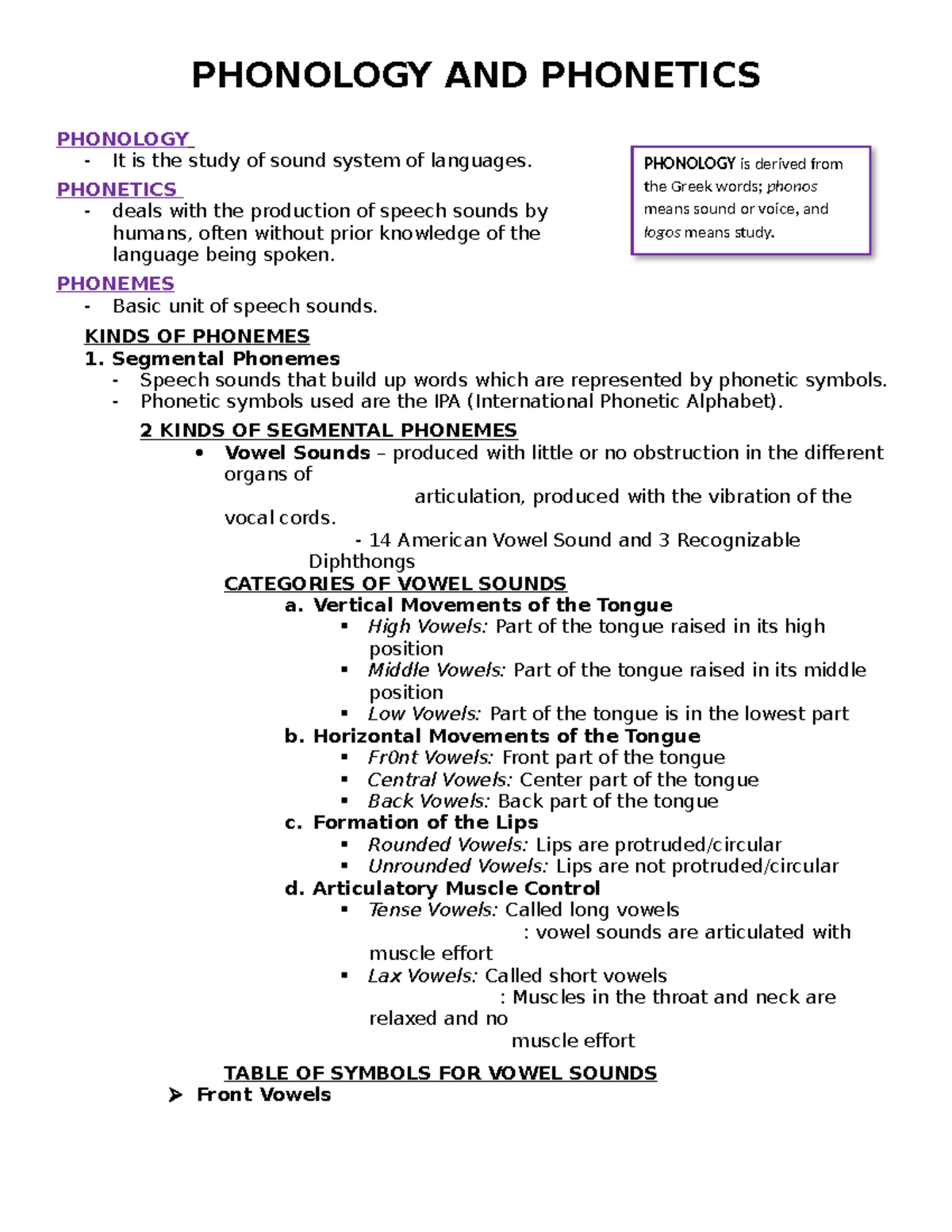 EP 1 - Notes - PHONOLOGY AND PHONETICS PHONOLOGY It is the study of ...