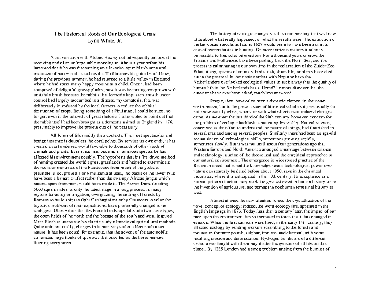 GSCI 1020 Lecture 1: The Historical Roots of Ecological Crisis - Studocu