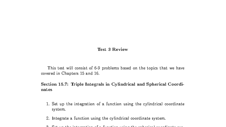 Test 3 Review: Triple Integrals & Line Integrals (Ch 15-16) - Studocu