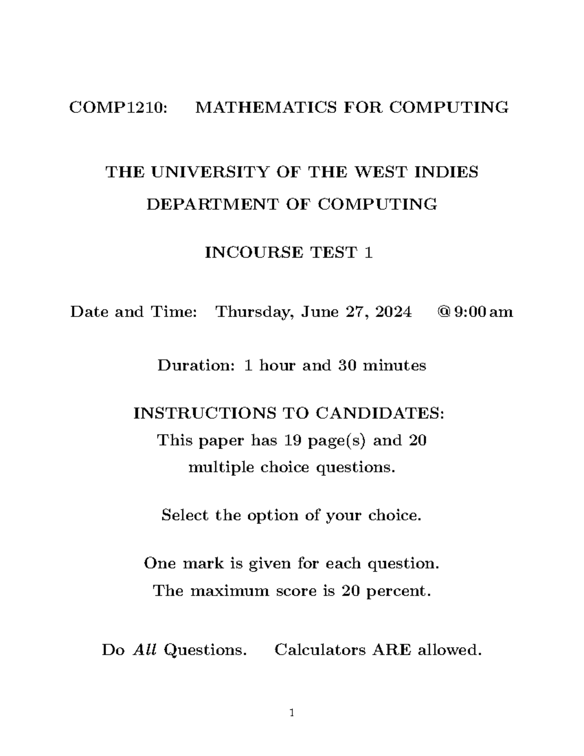 COMP1210 - In-Course Test 1 - June 27, 2024 - Mathematics for Computing ...