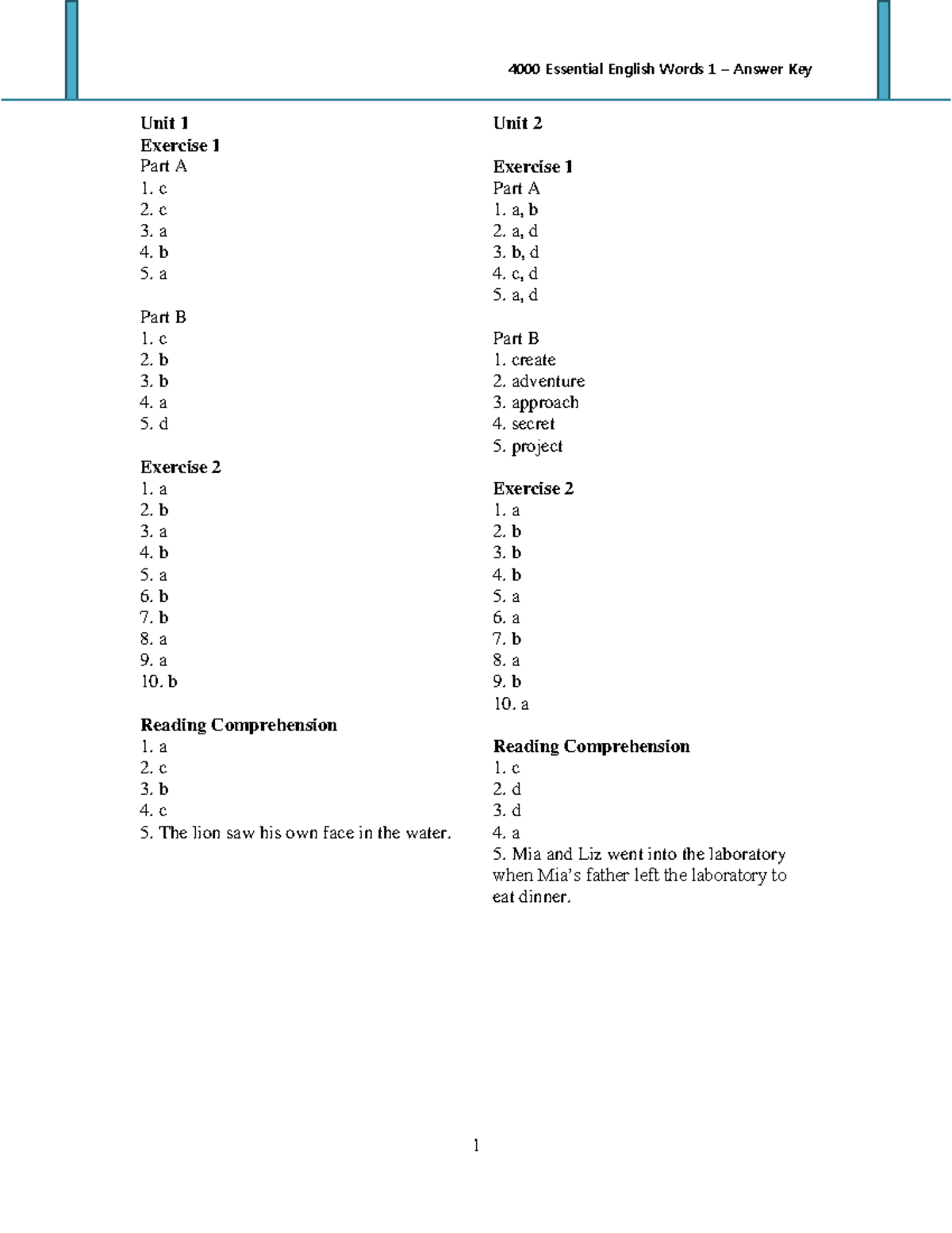 4000 Essential English Words 1 Answer Key - Unit 1 Exercise 1 Part A c ...