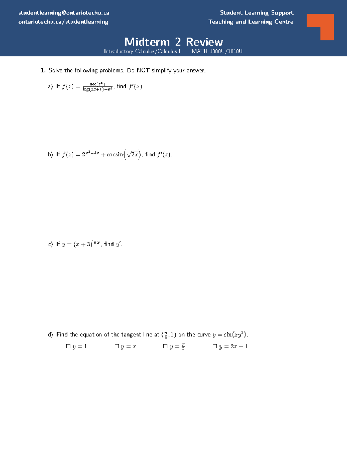 09 - MATH 1 Midterm 2 Review: Student Learning Support - Studocu