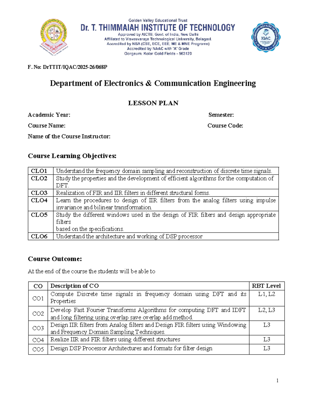 Electronics Communication Engineering Lesson Plan - Course Code: Fhhji ...