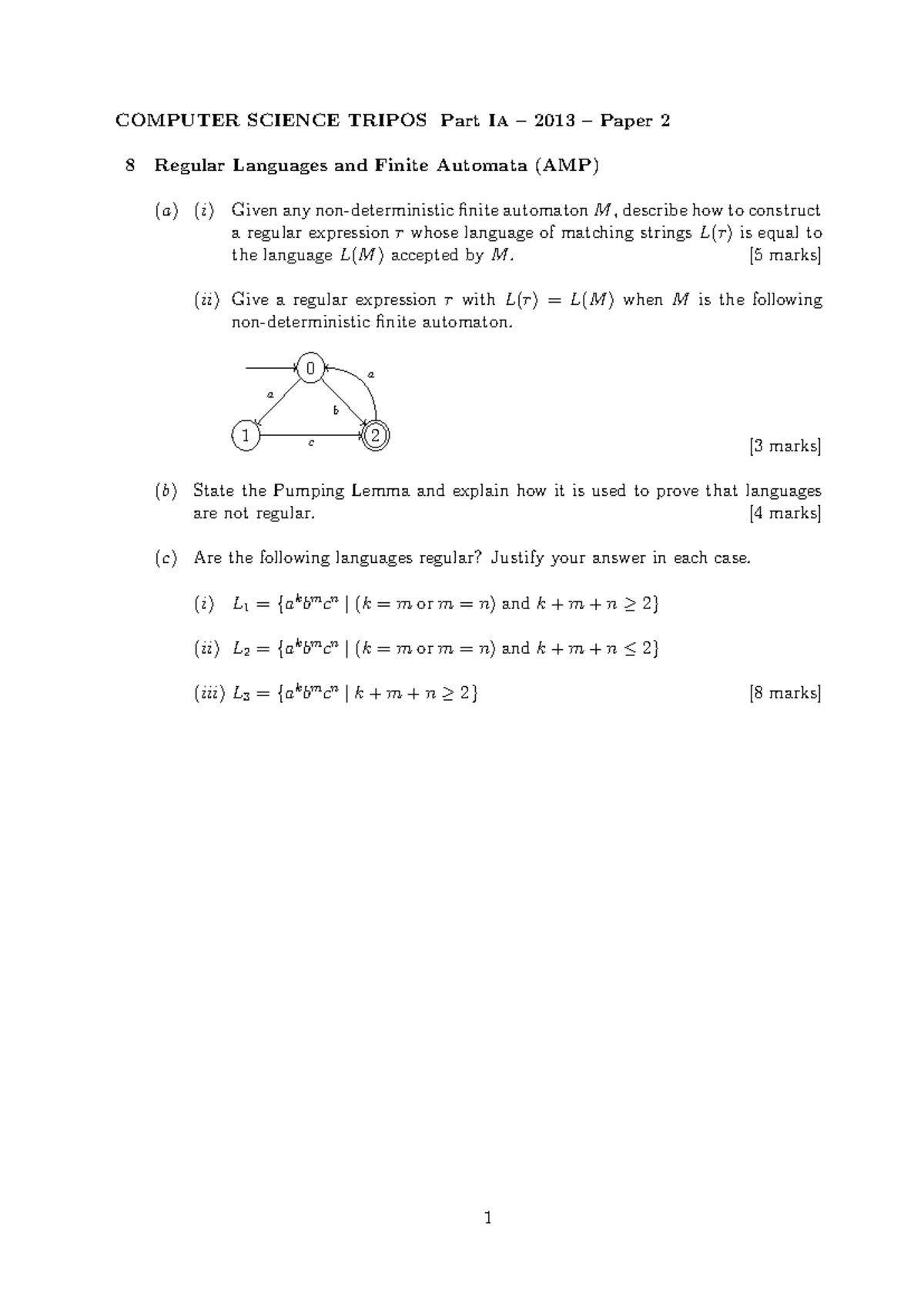 COMPUTER SCIENCE TRIPOS Part IA 2013 Paper 2: Regular Languages ...