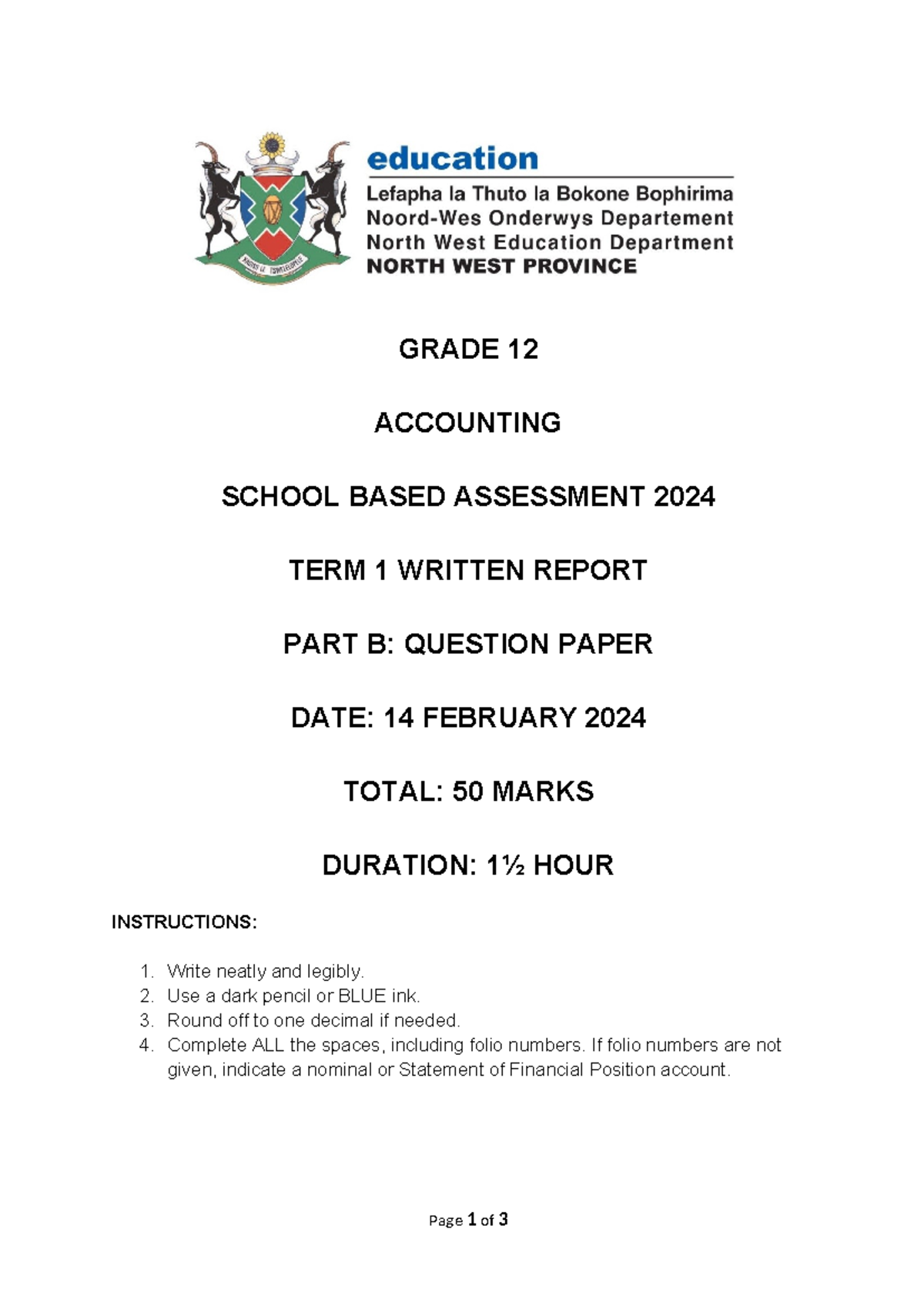 Grade 12 Accounting SBA 2024 Term 1 Written Report Part B Q-Paper - Studocu