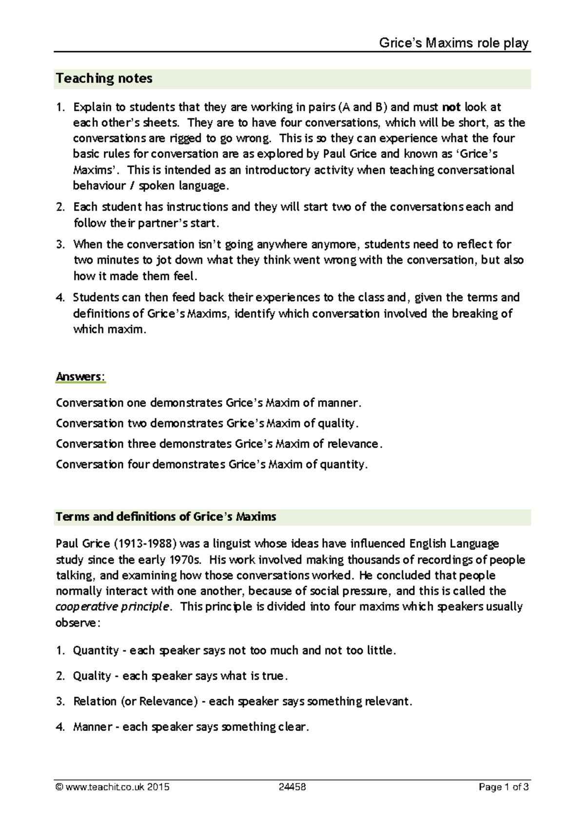 Maxims Role Play Teaching Notes: Grice's Conversational Principles ...
