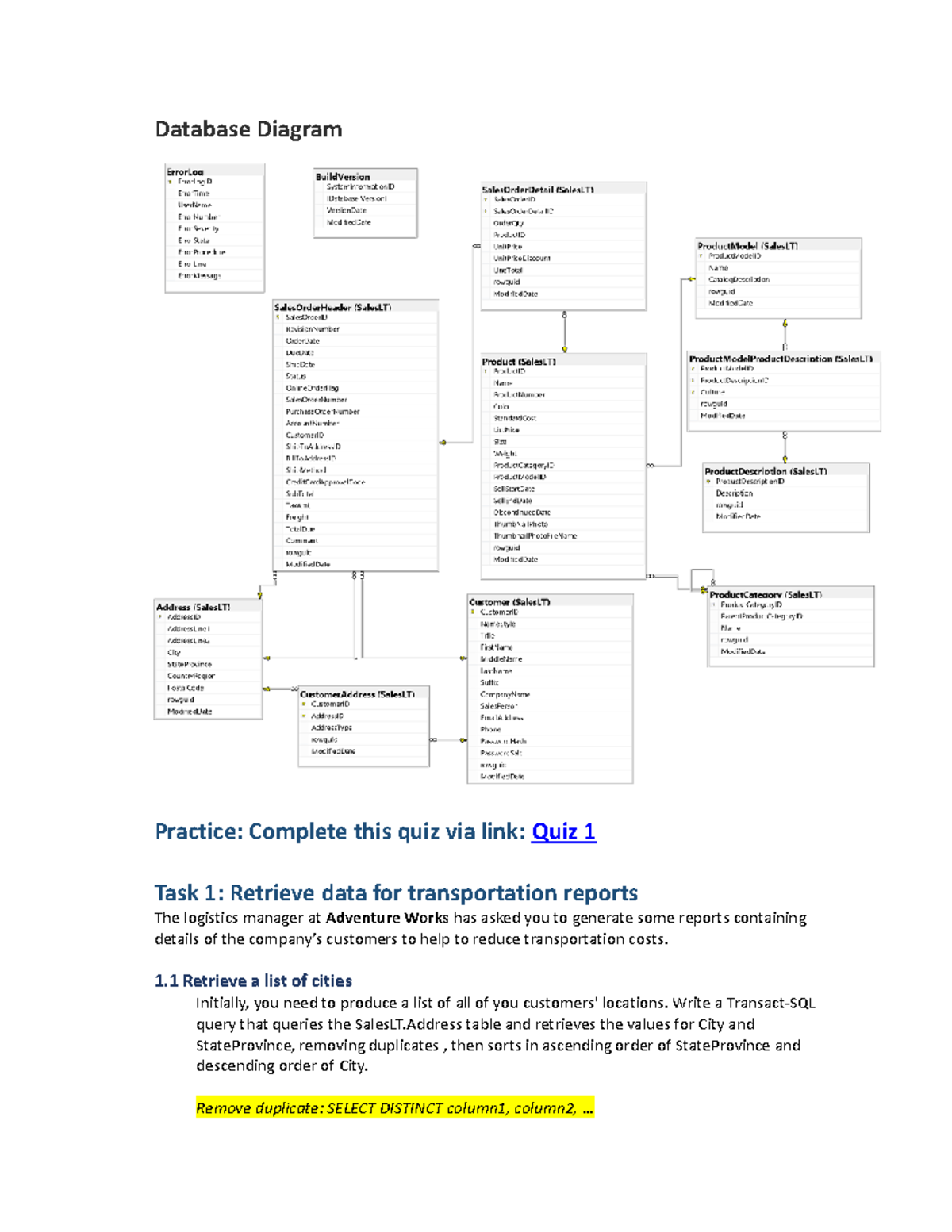 sql hw lesson 1 - Database Diagram Practice: Complete this quiz via ...