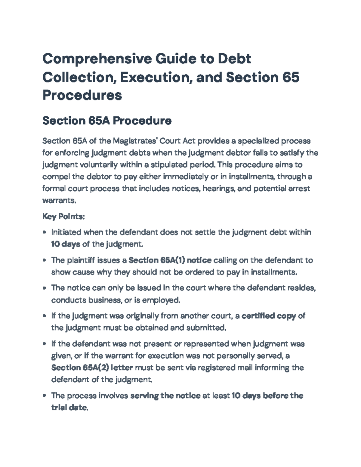 Comprehensive Guide to Debt Collection & Section 65 Procedures - Studocu