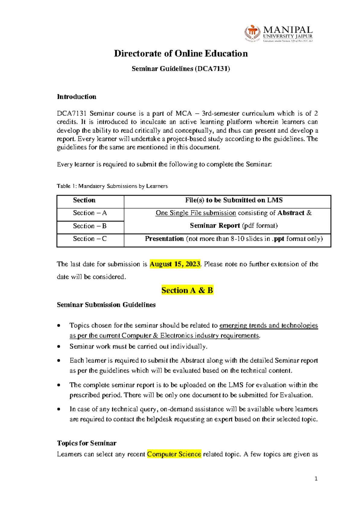 MCA7131-Seminar Guidelines APR2023 - Directorate of Online Education ...