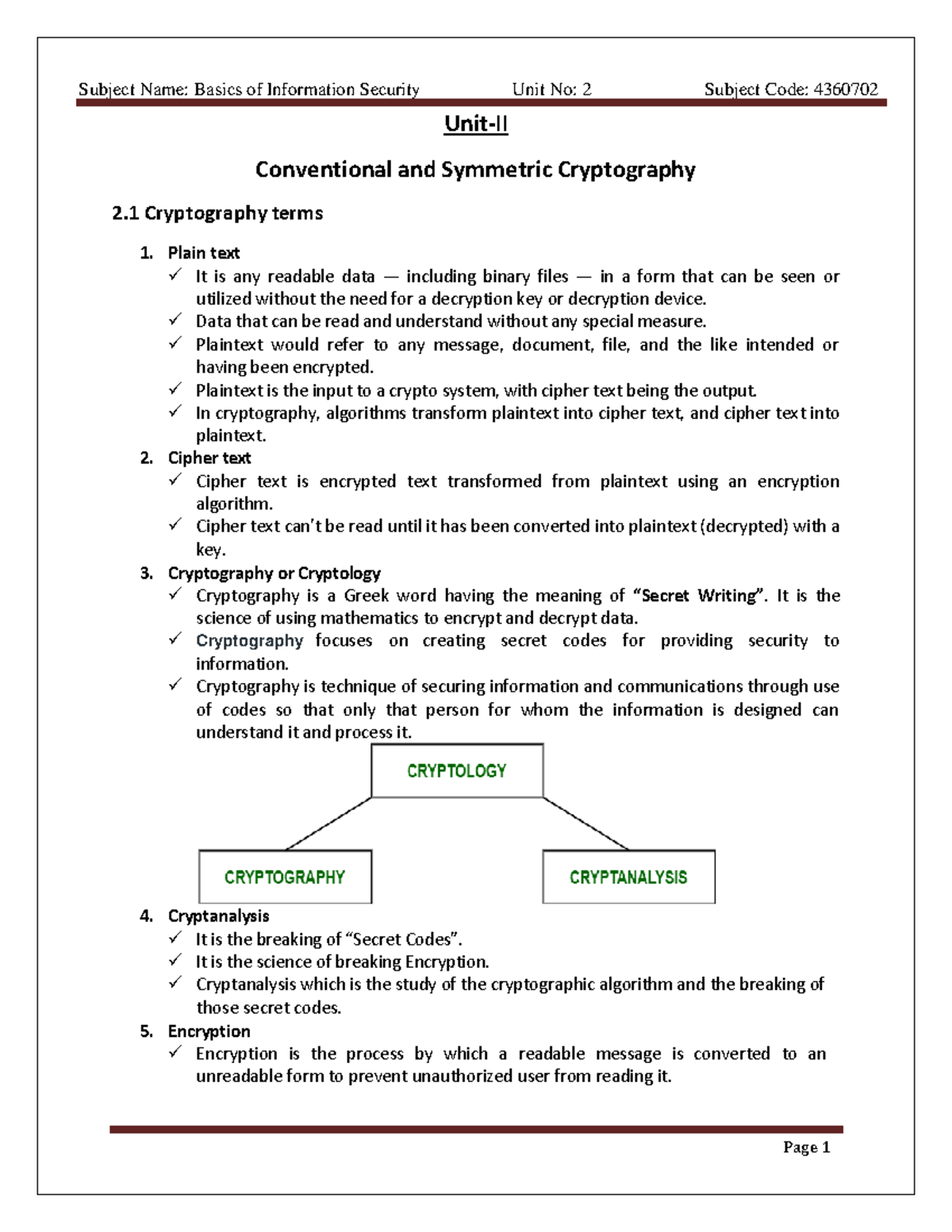 Basics of Information Security (4360702) - Unit 2: Cryptography ...