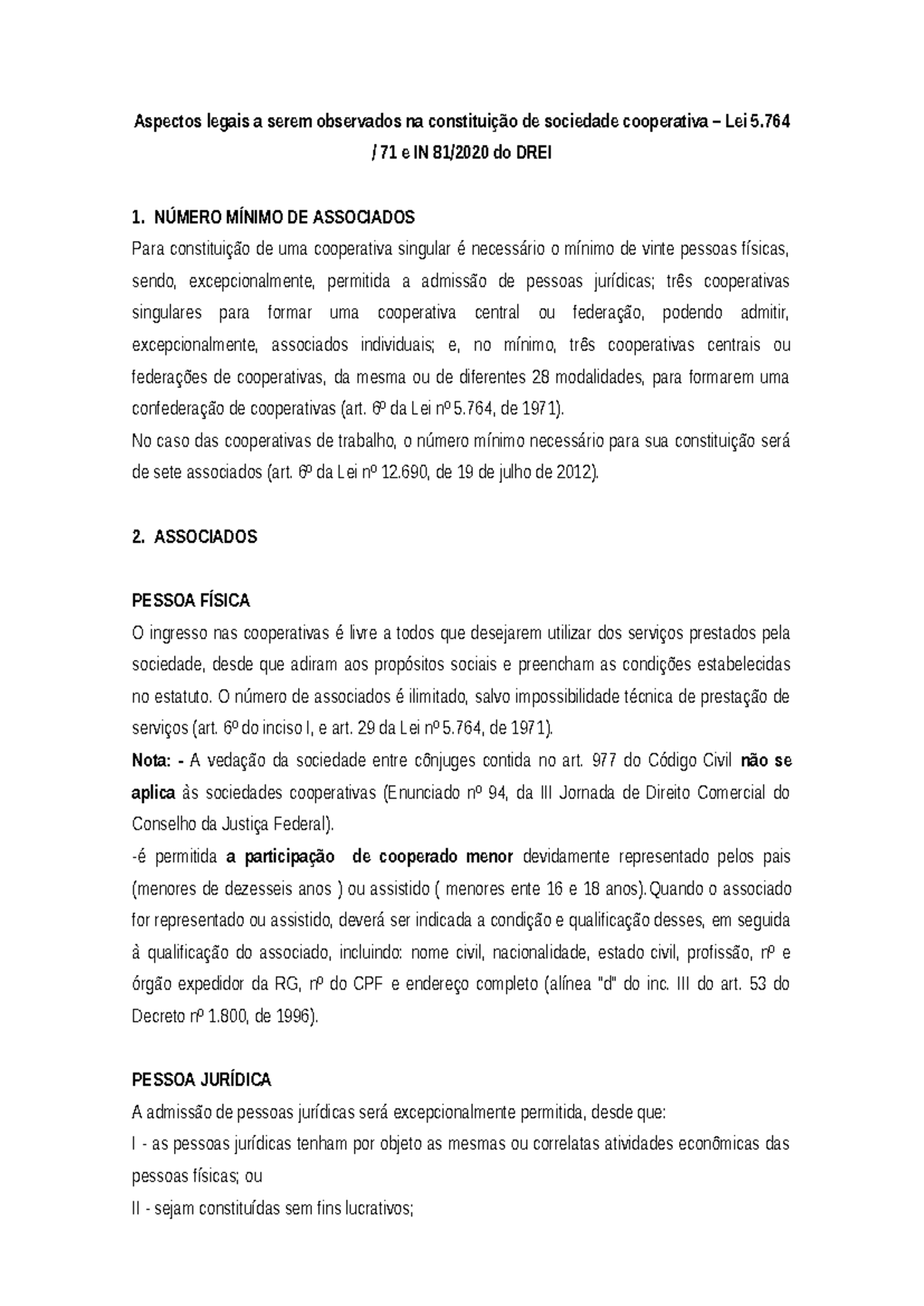 Aspectos Legais na Constituição de Sociedade Cooperativa - Lei 5.764/71 ...