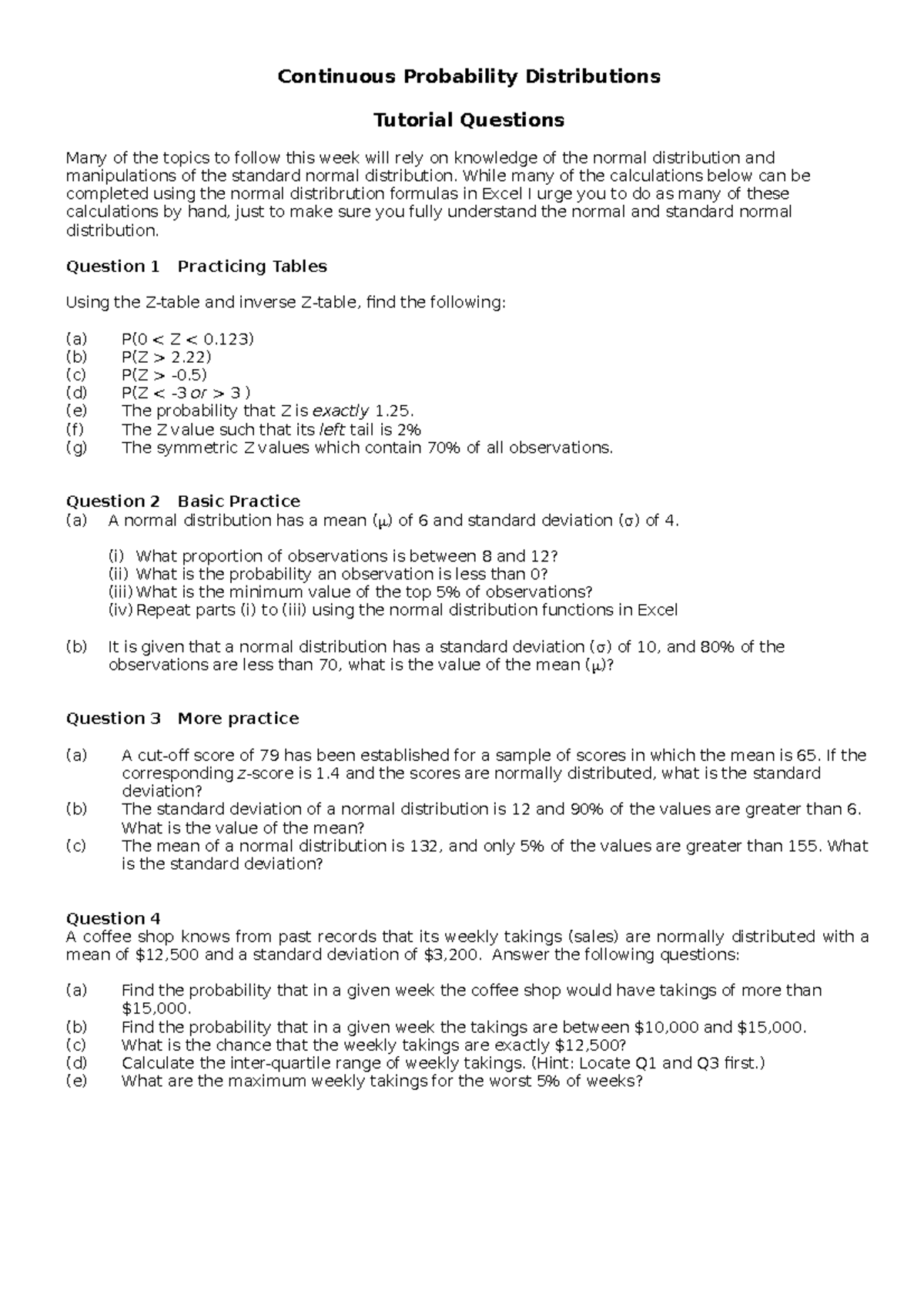 Tutorial Questions Continuous Probability Distributions (2021-01 ...