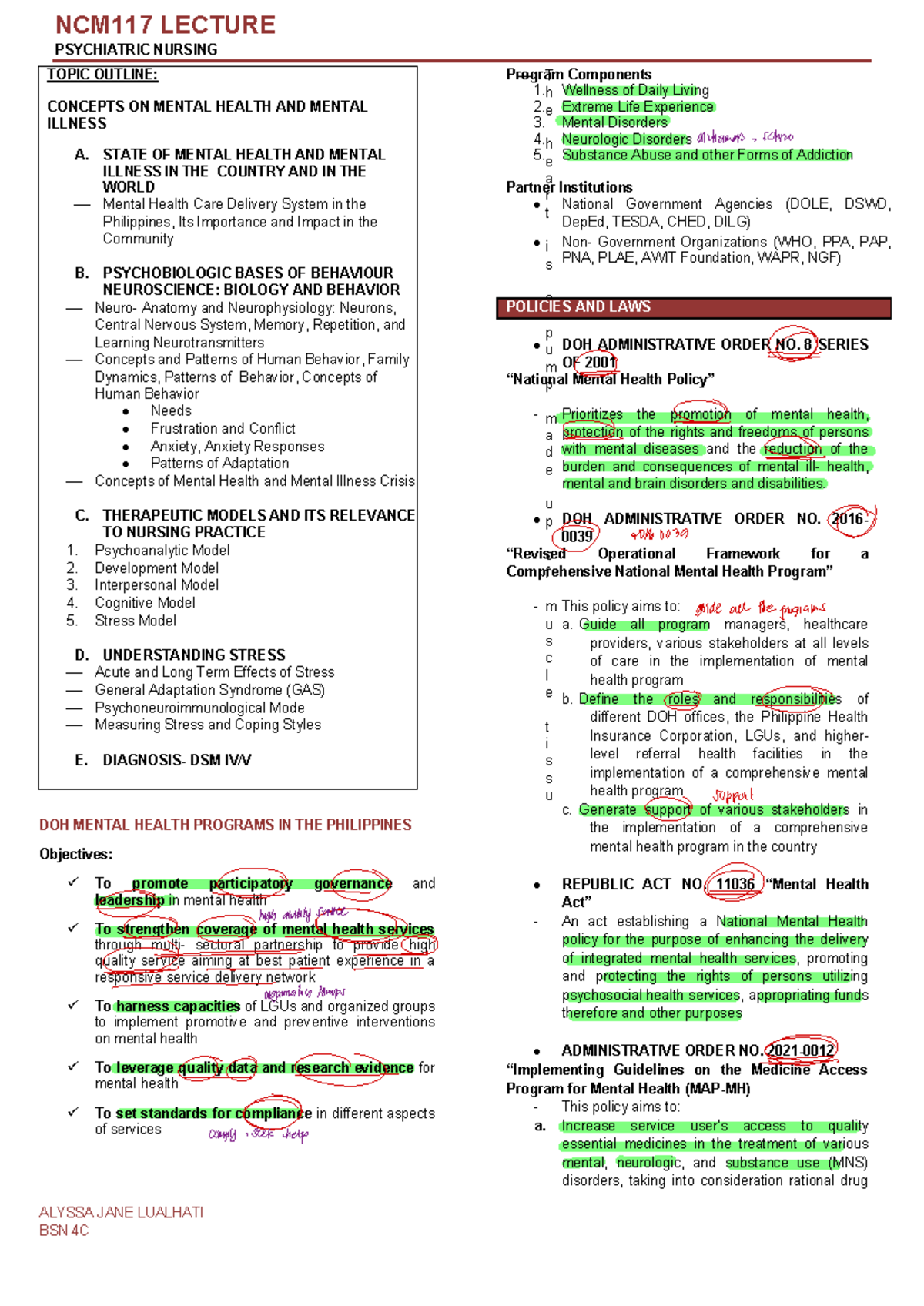NCM117 LECTURE: PSYCHIATRIC NURSING PRELIMINARY NOTES ON MENTAL HEALTH ...