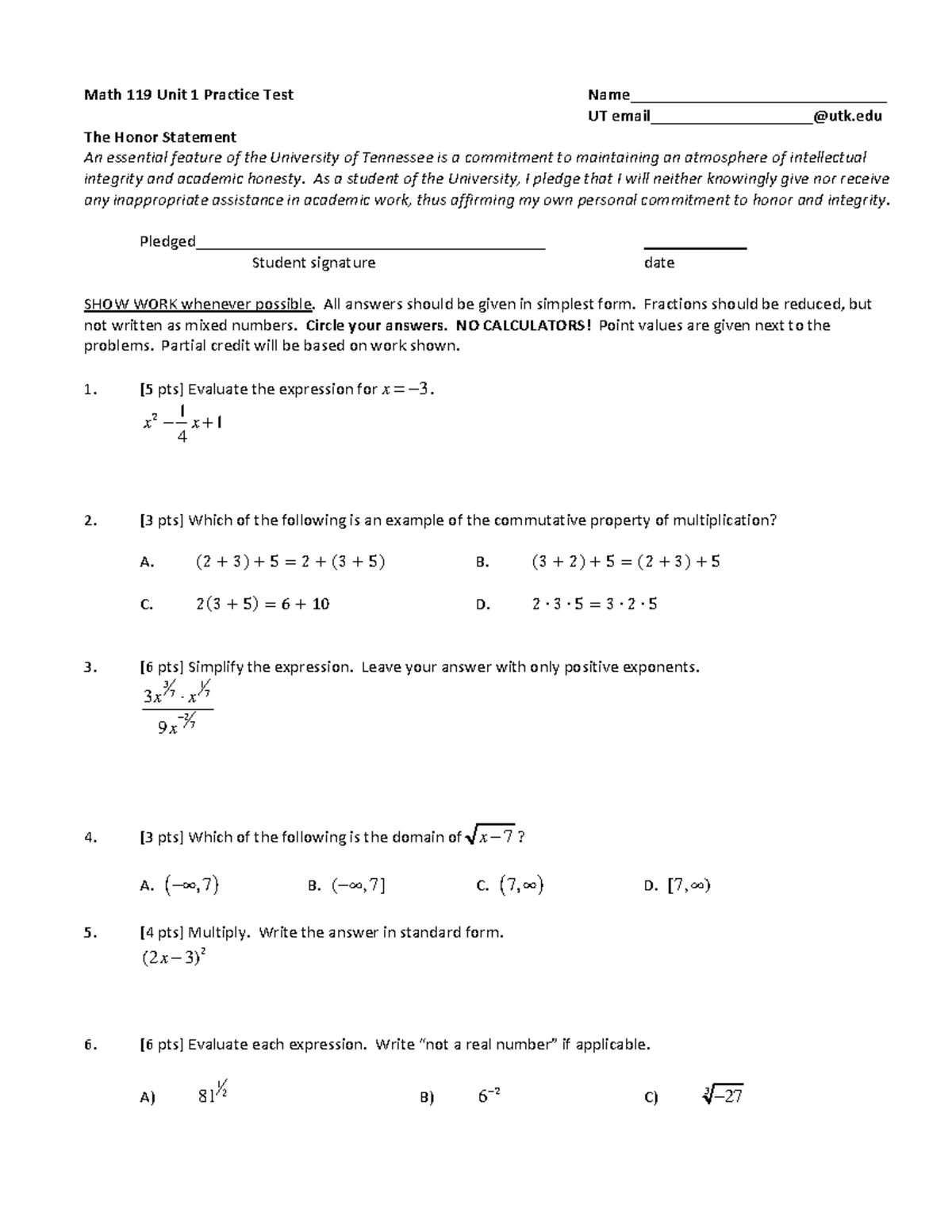 Math 119 Unit 1 Practice Test with Answer Key and Instructions - Studocu