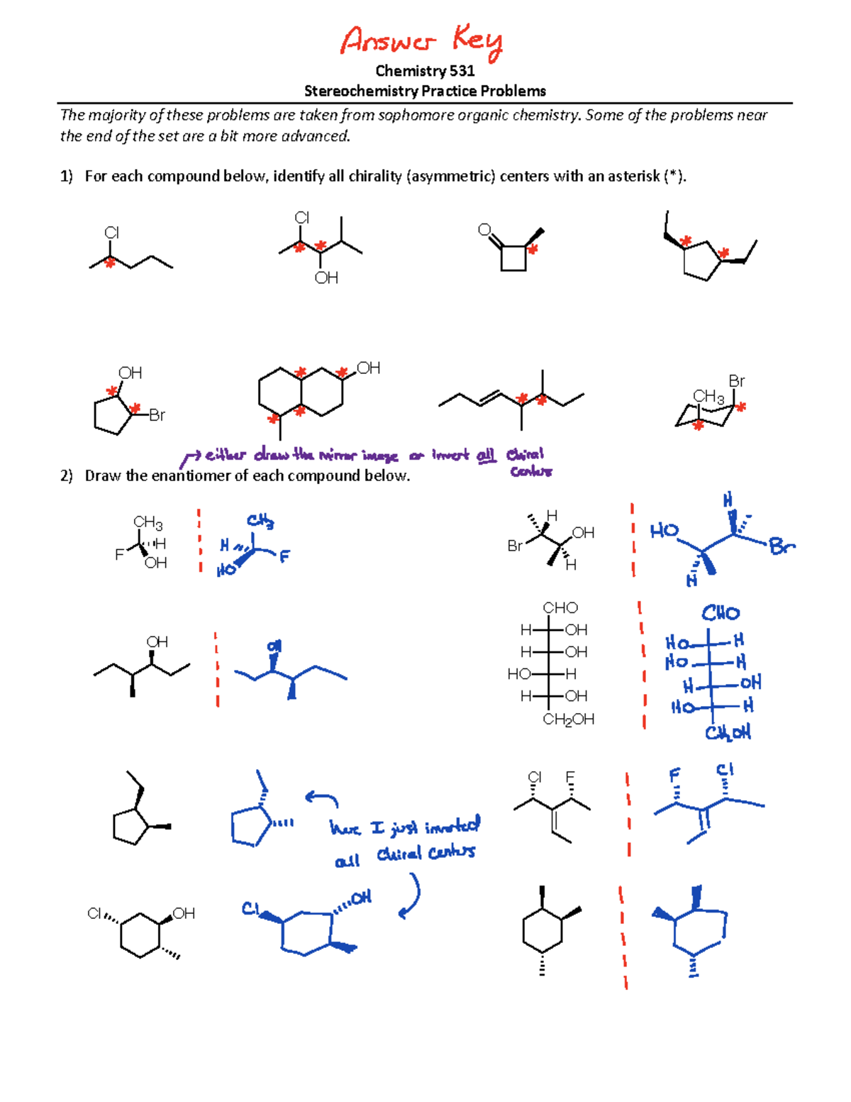 Chemistry 531 Stereochemistry Practice Problems Answer Key - Studocu