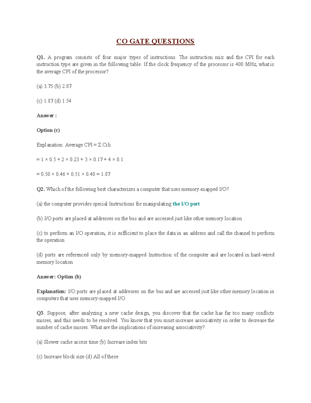 CO GATE Questions and Answers for Exam Preparation - Studocu