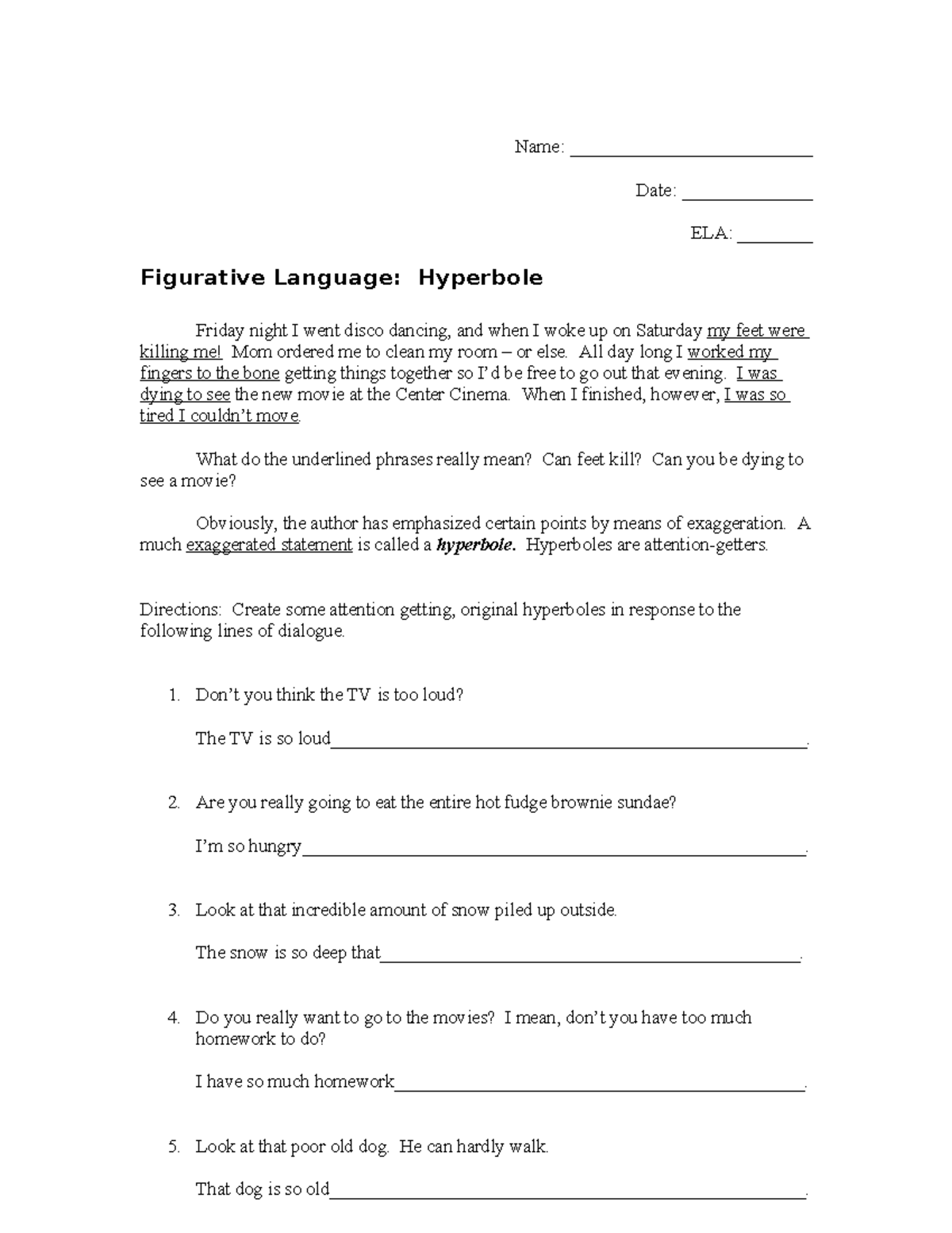 ELA Figurative Language: Hyperbole & Onomatopoeia Notes - Studocu