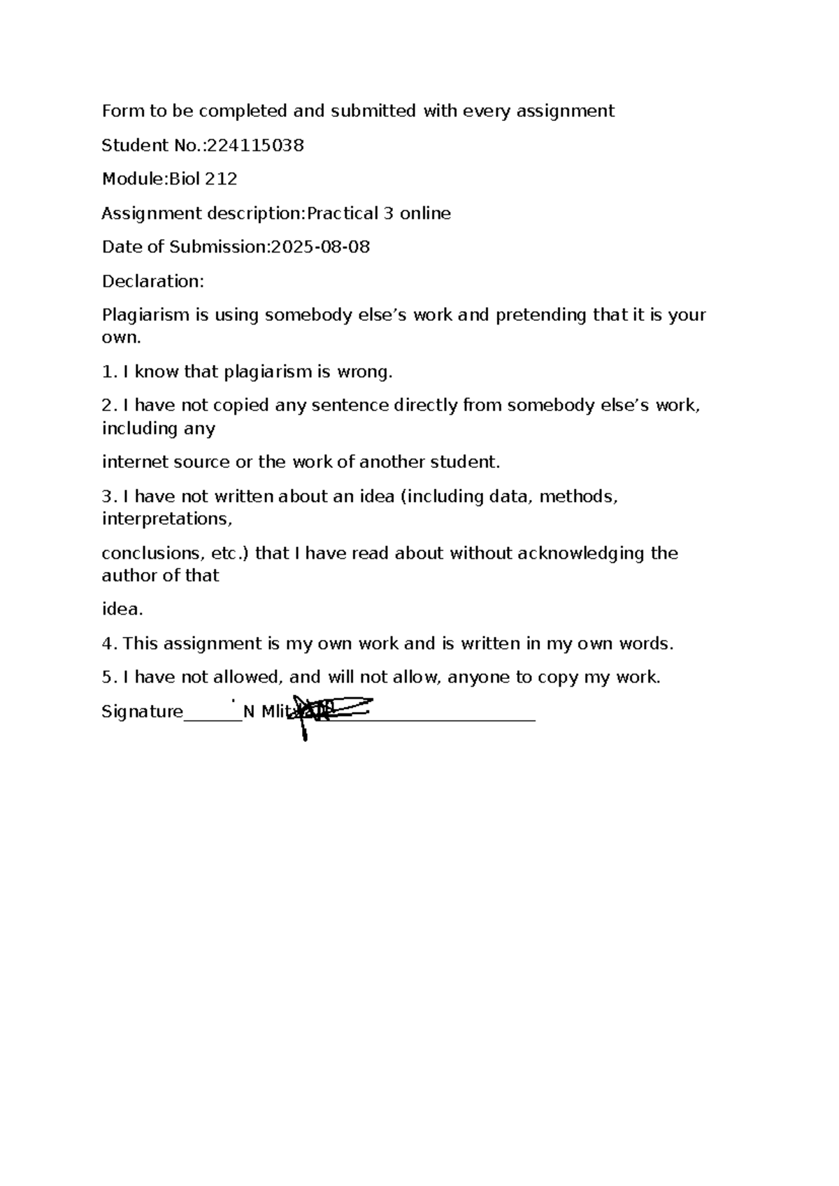 Biol 212 - Pract 3 Plagiarism Declaration Form - Studocu