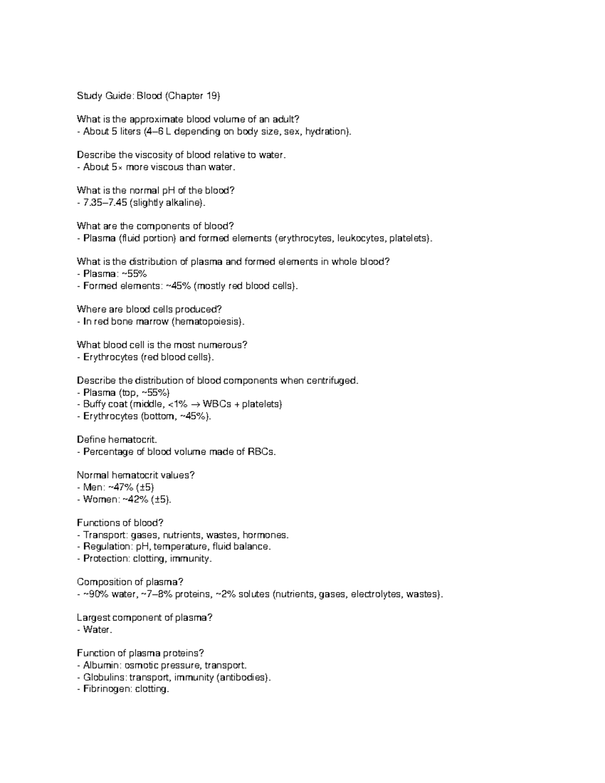 Blood Study Guide: Key Concepts & Functions (BIO 101 - Chapter 19 ...