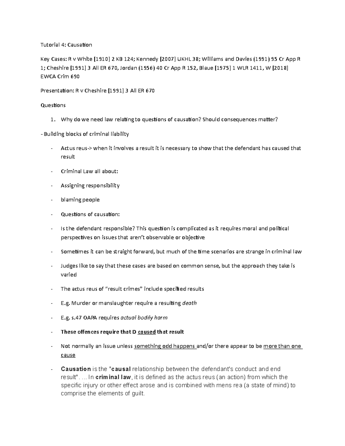 Tutorial 4 Notes: Understanding Causation in Criminal Law - Studocu