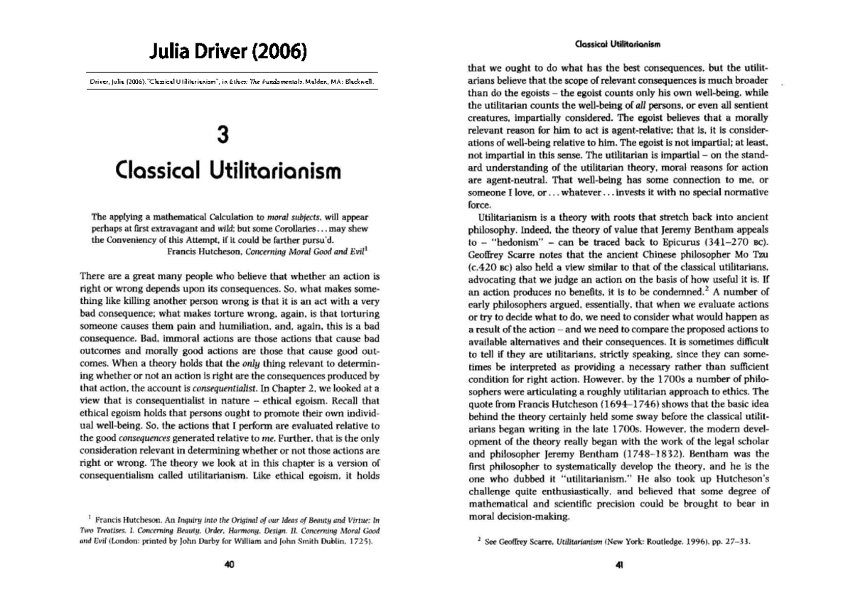 1. Driver, Julia (2006 ) - Classical Utilitarianism (Ch.3 Ethics- the ...