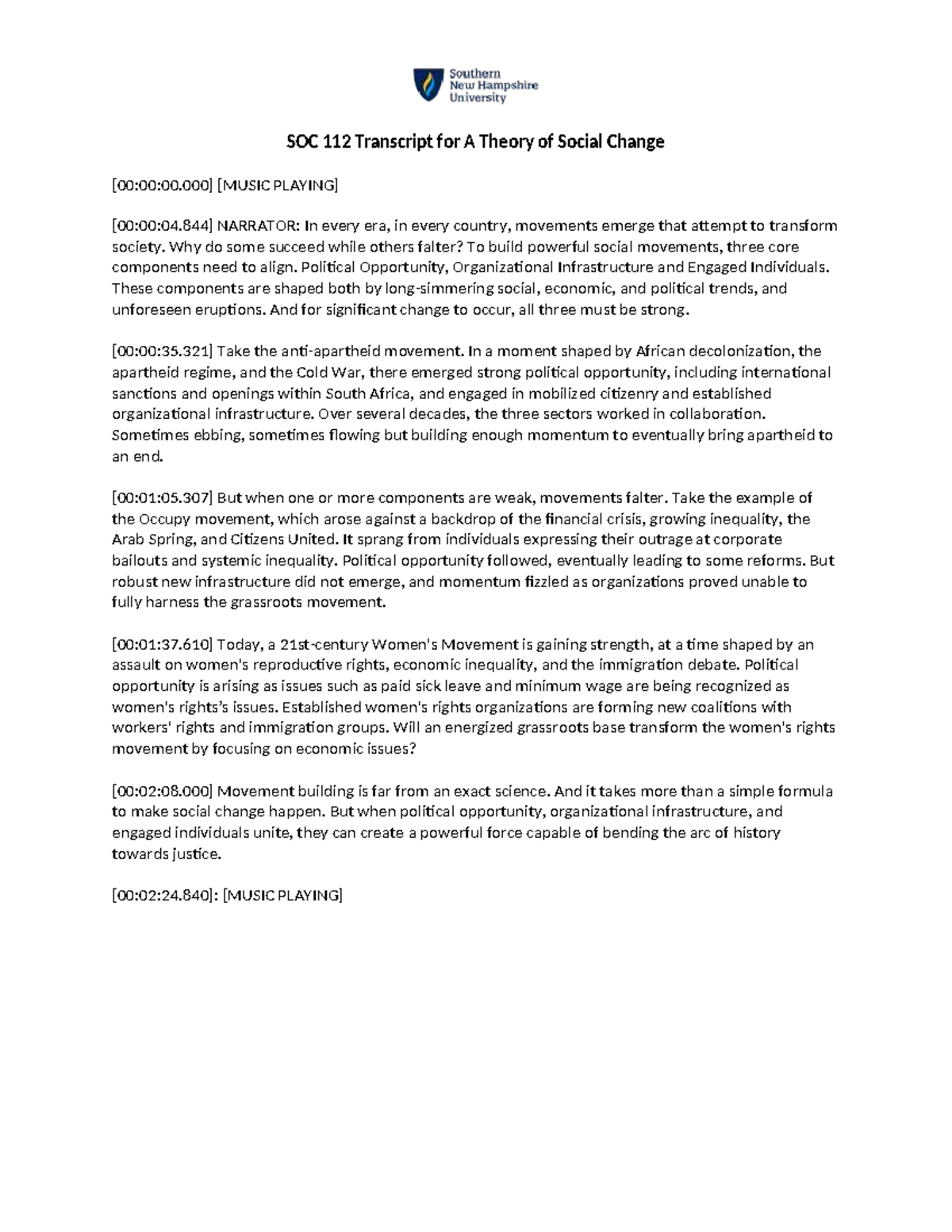 SOC 112: Transcript on A Theory of Social Change in Movements - Studocu