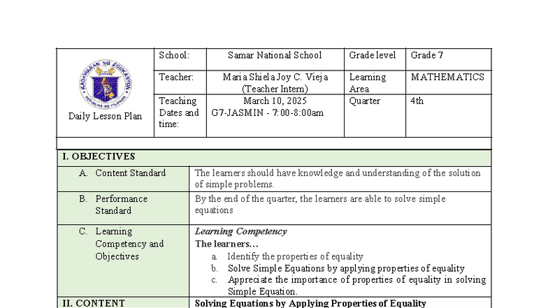 Grade 7 Mathematics Lesson Plan: APE & MPE Focus on Equality Properties ...