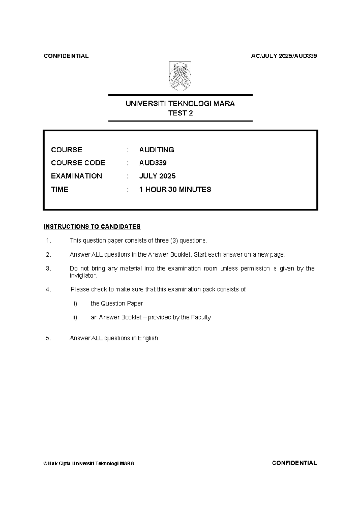 Q TEST 2 AUD339 SEM JULY 2025 - Auditing Examination Paper - Studocu