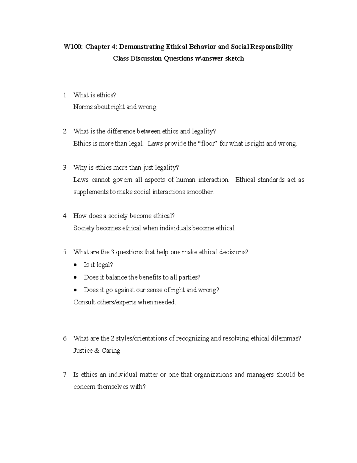 W100: Chapter 4 Ethics & Social Responsibility Discussion Guide - Studocu