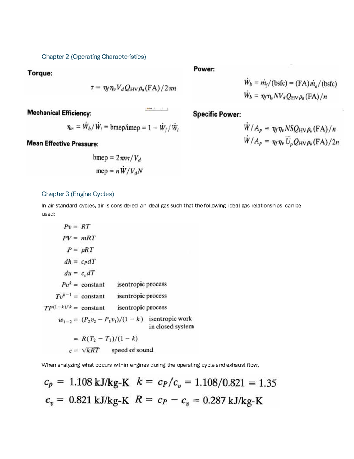 Chapter 2-4 Formula Sheet: Operating Characteristics & Engine Cycles ...