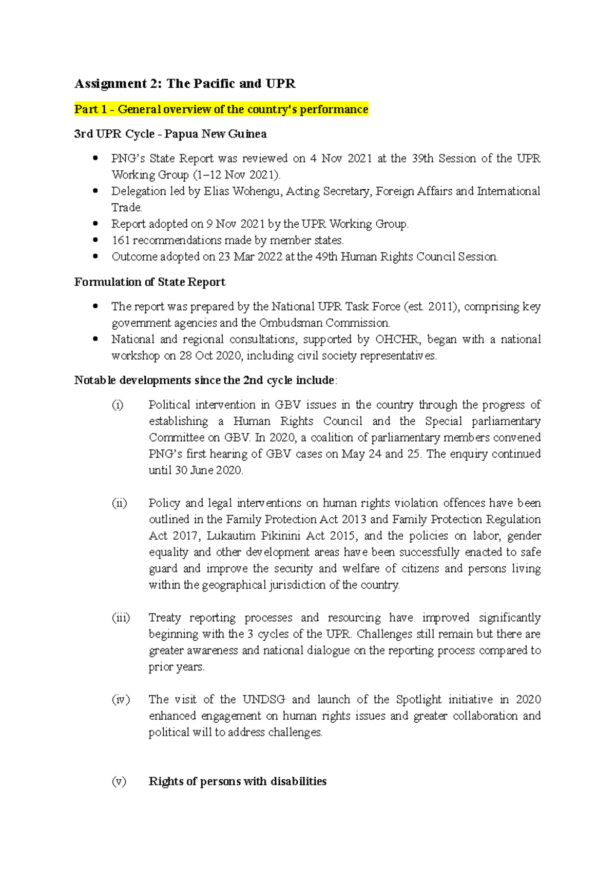 Assignment 2: Overview of UPR Cycle & Human Rights in PNG - Studocu