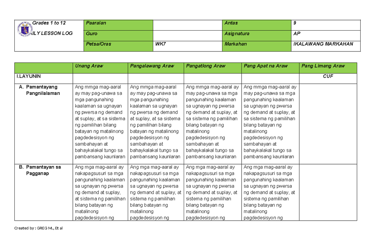 AP9 Q2 WK7 Lesson Plan on Demand and Supply Concepts - Studocu