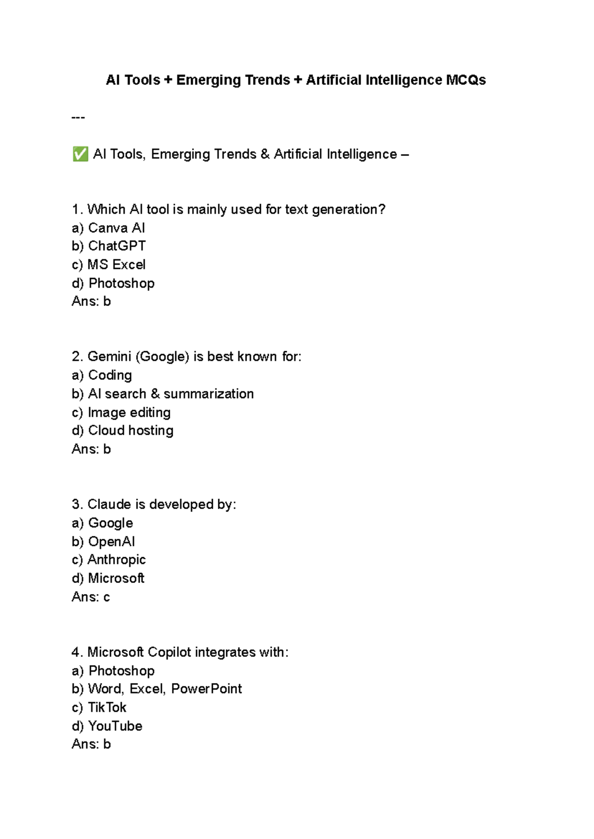 AI Tools & Emerging Trends in Artificial Intelligence MCQs - Studocu
