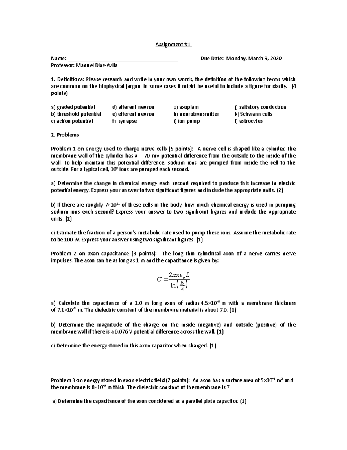 Biophysics Assignment 1: Key Definitions and Problems Analysis - Studocu
