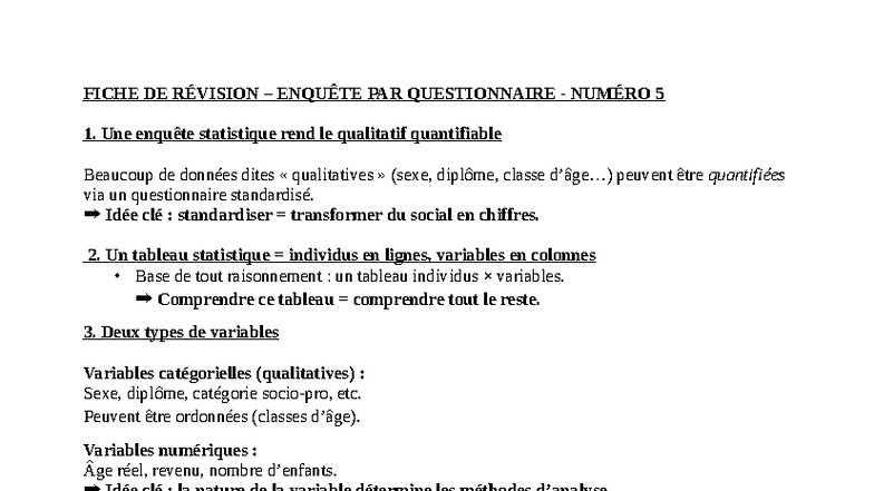Fiche DE Révision – Enquête PAR Questionnaire 5 - FICHE DE RÉVISION ...