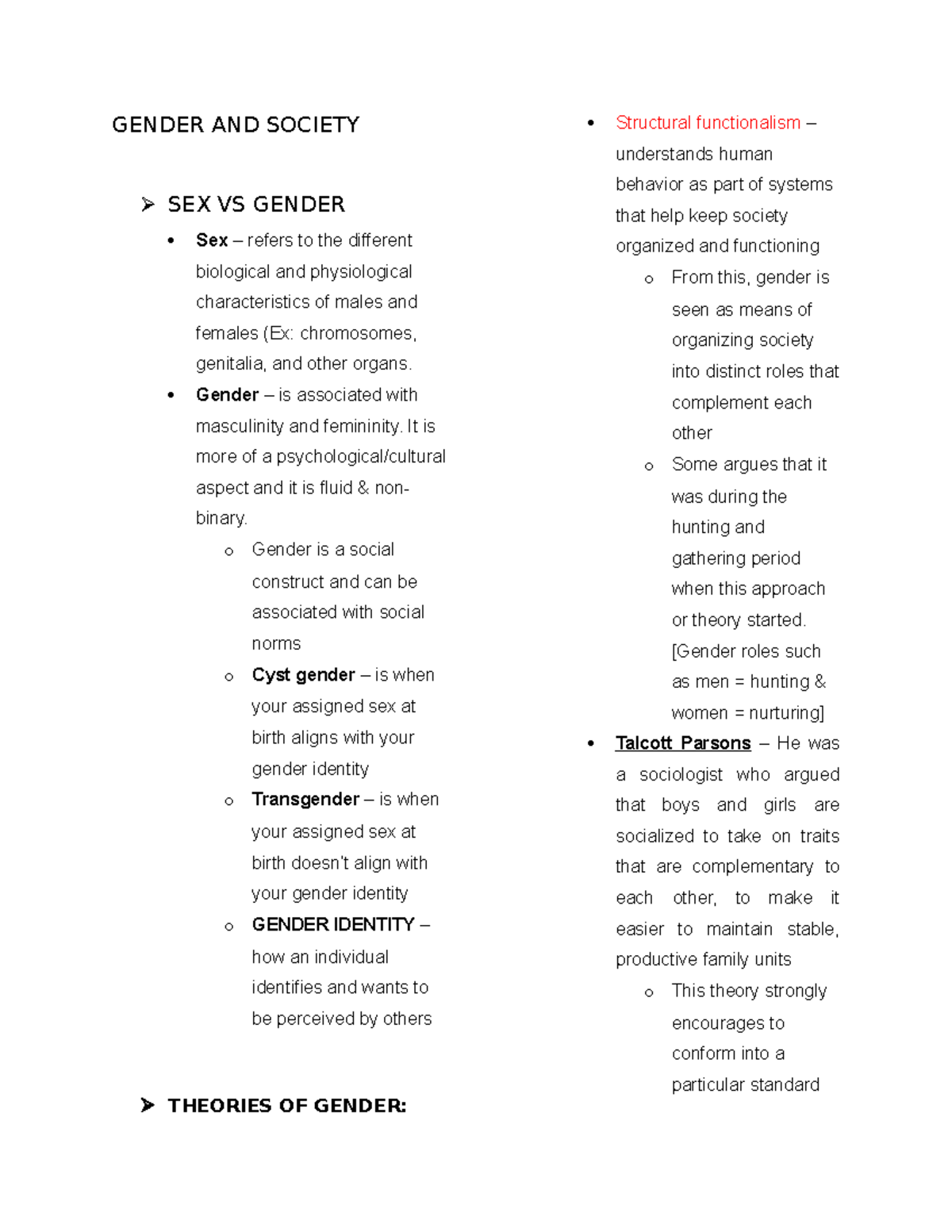 GED109 Notes - GENDER AND SOCIETY SEX VS GENDER Sex – refers to the ...