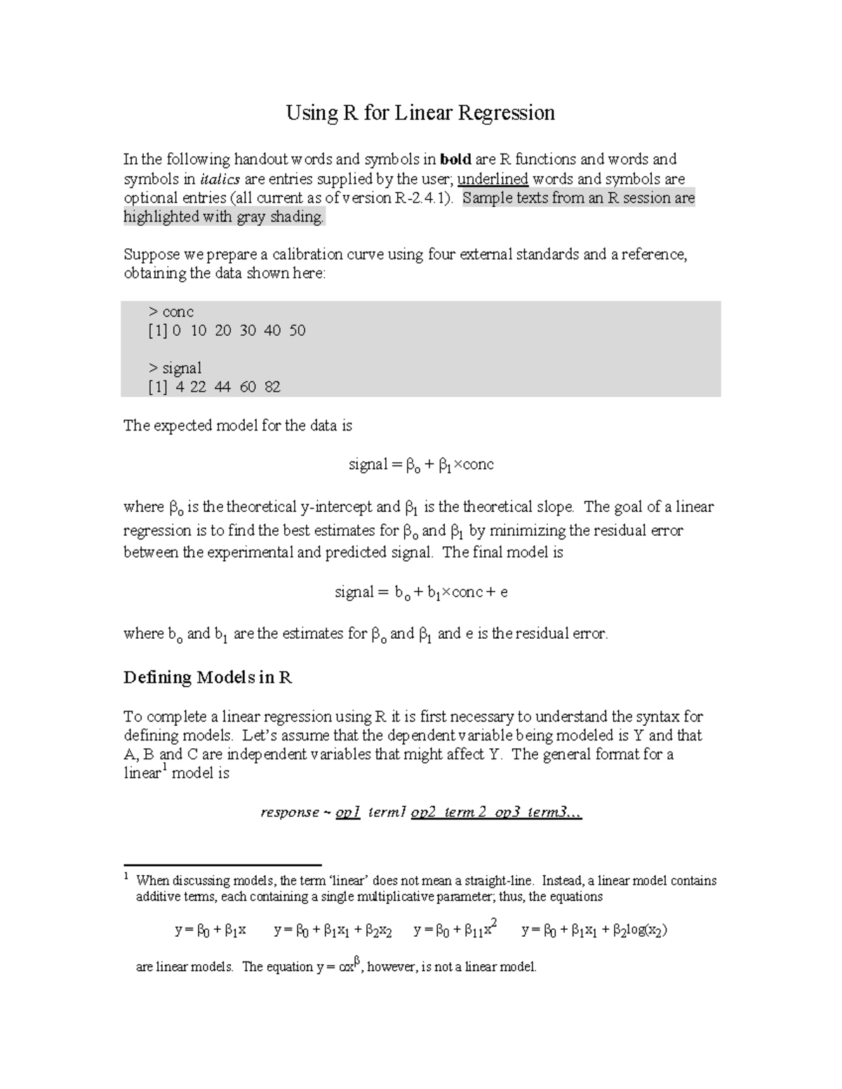 Using R for Linear Regression - 4). Sample texts from an R session are ...