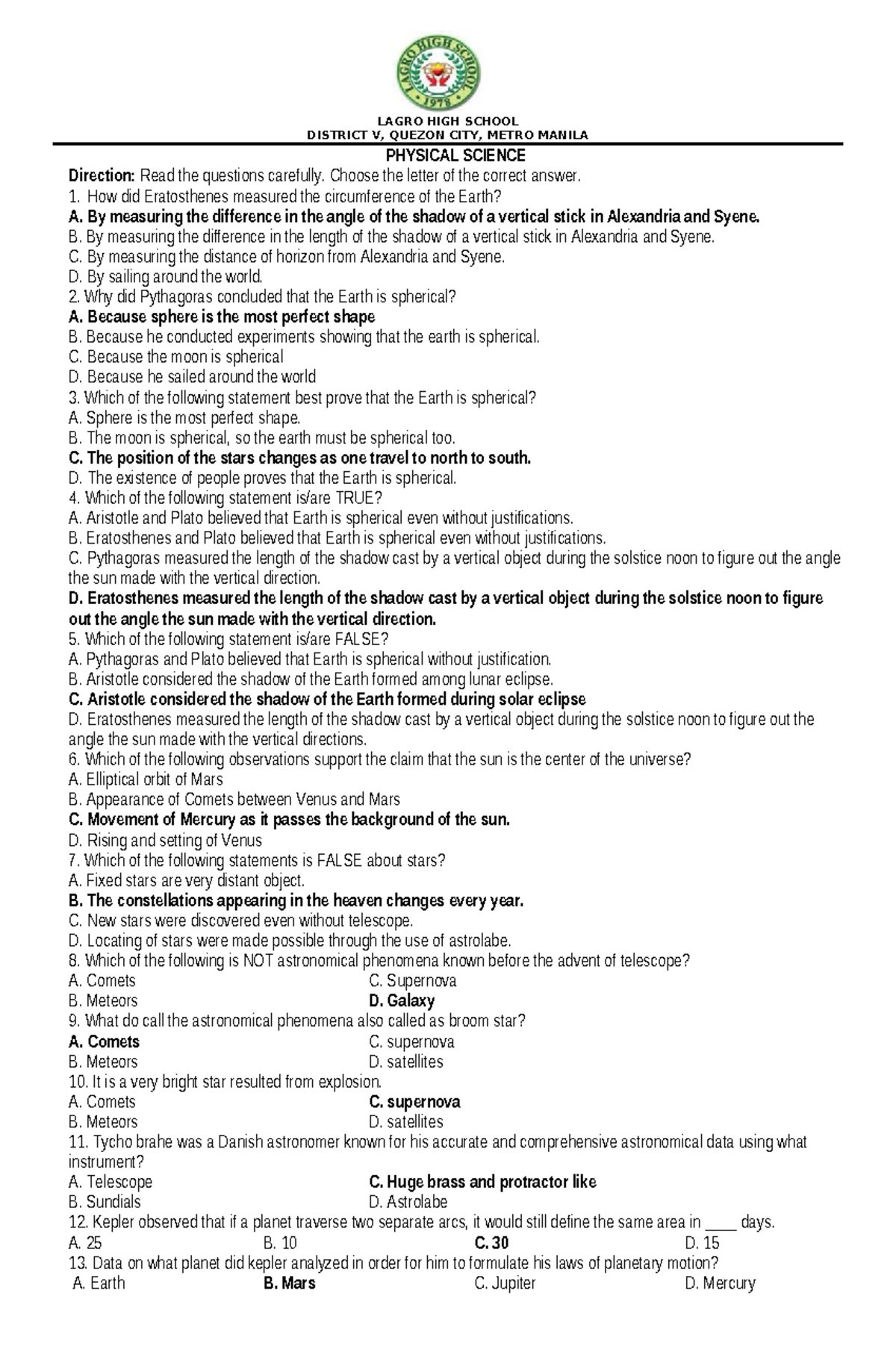 SEMI Finals PHYSICAL SCIENCE Exam Questions and Answer Key - Studocu